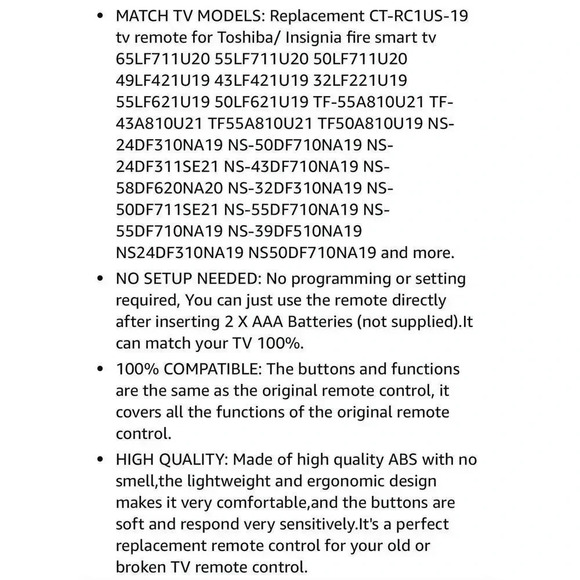 Replacement‎ Remote for Insignia/Toshiba Smart TV NS-RCFNA-19 CT-RC1US-19 - Picture 6 of 6